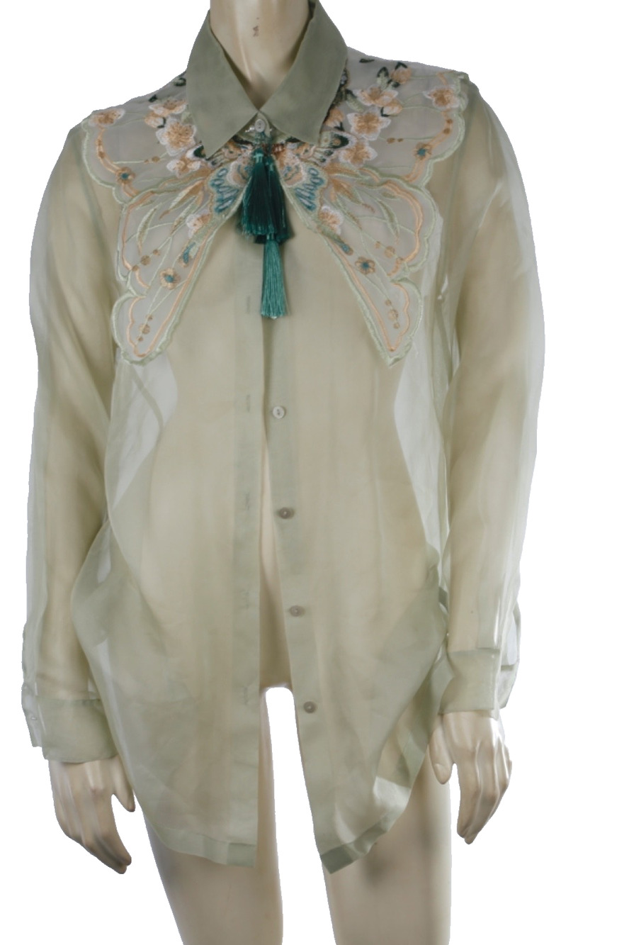 Vintage Josephine Chaus Silk Sheer Blouse Embroidered Butterfly Tassel Shirt 8